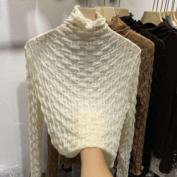 

women's blouses & shirts 2021 spring women long sleeve basic all-match white lace elegant turtleneck korean blouse base shirt camisas