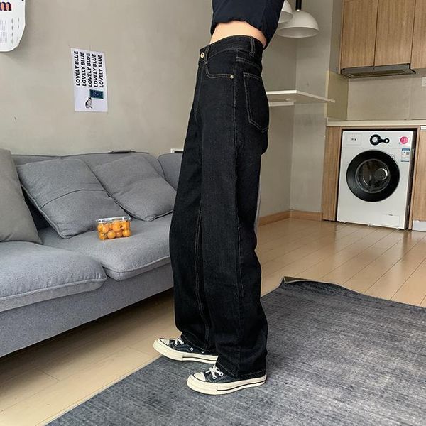 

women's jeans retro black high waist trend korean version of the loose women y2k fashion straight wide leg pants all-match, Blue