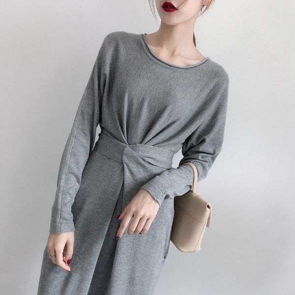 

casual dresses winter midi dress women fashion solid color knitted sashes o neck long sleeve split hem high waist elegant, Black;gray