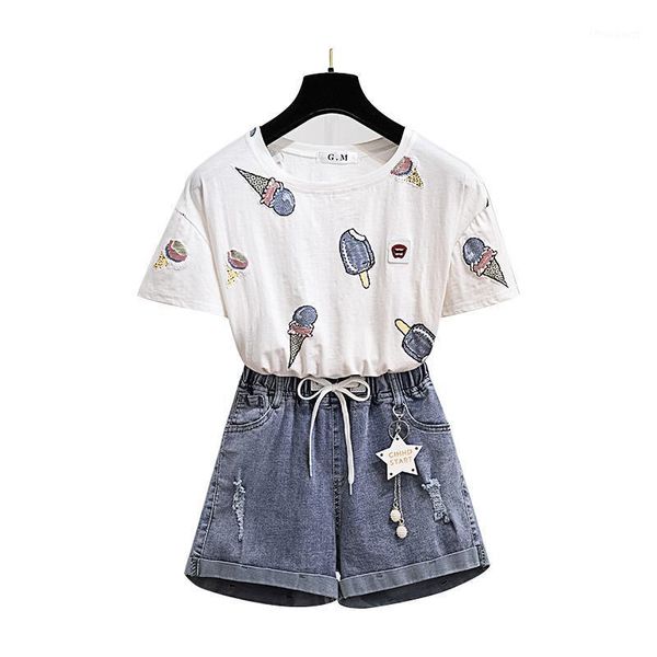 

denim shorts suits students white sweatshirt blouse & two-piece clothing set women outfit vestidos leisure women's tracksuits, Gray