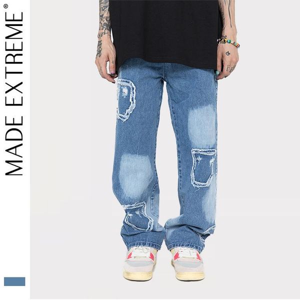 

men's jeans madeextreme patchwork hip hop cargo pants men denim for washed distressed baggy women z83, Blue