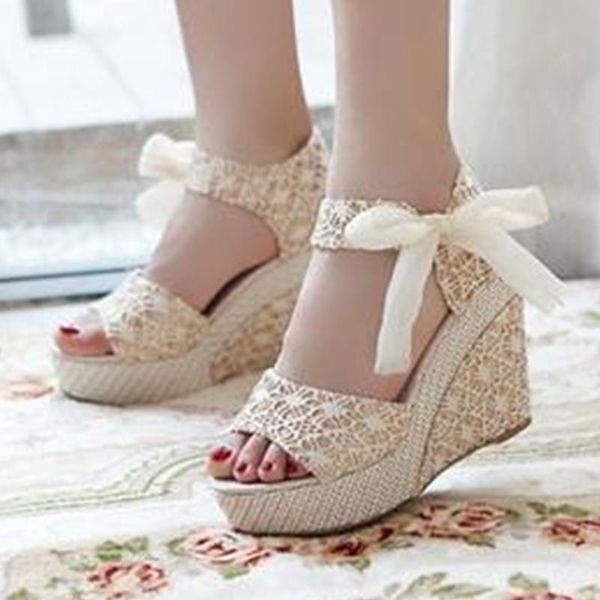 

sandals summer women bowknot open toe pump high heel shoes wedge platform, Black