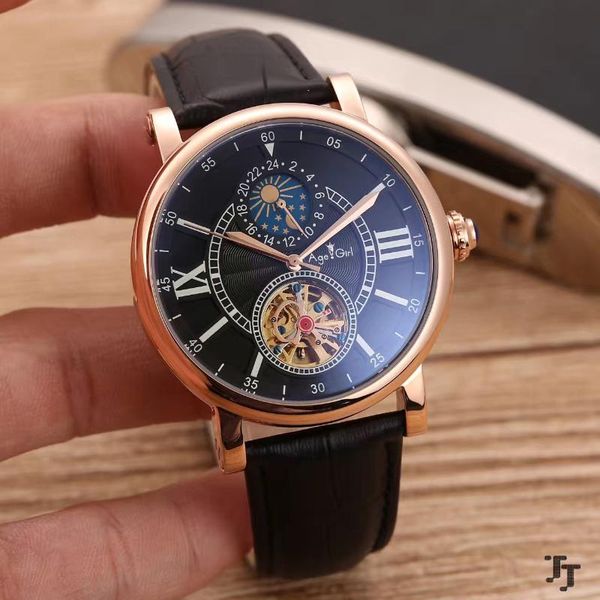 

wristwatches men automatic mechanical tourbillon moonphase rome stainless steel black blue leather sapphire rose gold watch, Slivery;brown