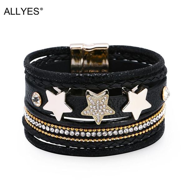 

tennis allyes bohemian rhinestone star charm bracelet for women fashion multilayer crystal leather wrap bracelets bangle female jewelry, Golden;silver