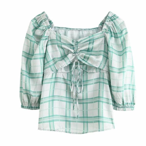 

women's blouses & shirts 2021 summer french square collar check slim bubble short sleeve drawstring lace shirt, White