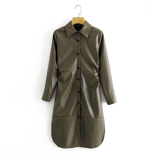 

women cool pu folds solid color artificial leather dress female can be worn outside single-breasted long dresses casual, Black;gray