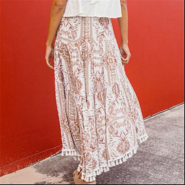 

casual vintage boho print long women skirt high waist a line korean tassel pink summer skirt ruffle beach female skirt 2021, Black