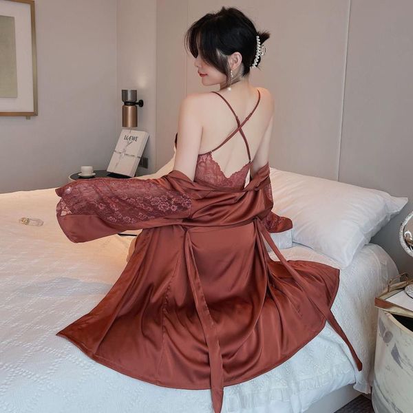 

women's sleepwear lace trim 2pcs lady robe set nighty&bathrobe sleep suit summer nightwear kimono gown satin nightgown home clothes, Black;red