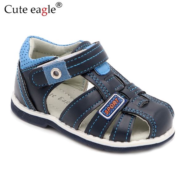 

cute eagle summer boys orthopedic sandals pu leather toddler kids shoes for boys closed toe baby flat shoes size 20-30 new 210306, Black;red