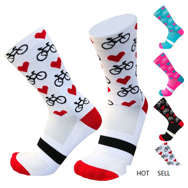 

cycling socks men women compression mountain racing heart pattern, Black