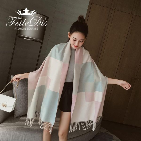 

scarves [feiledis]2021 autumn and winter double-sided color tassel scarf shawl women cashmere fd133, Blue;gray