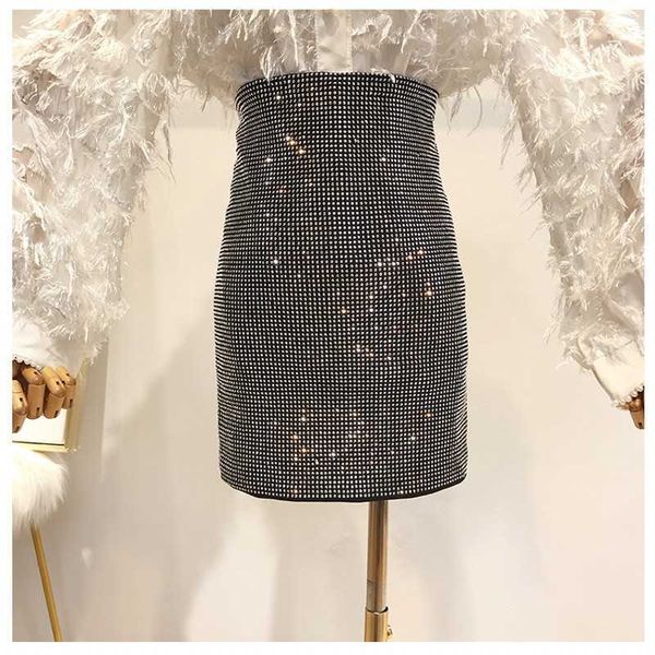 

short skirt female summer shiny sequins high waist elastic bag hip mini falda mujer 210601, Black