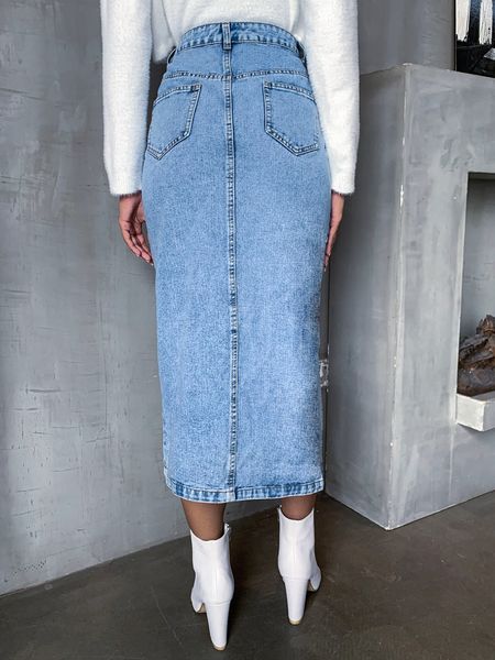 

2021 autumn winter women's clothes in fashionable high waist denim blue street all-match half slit length long womanhood #30566 458r, Black