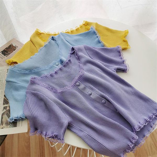 

women's t-shirt 2021 summer thin knit crop pink white t shirt women short sleeve solid tshirt korean sweet cute camisetas mujer