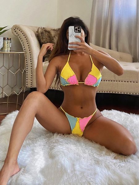 

women's swimwear bikini suit bandage red yellow blue stitching push-up pad swimsuit beach pool party girl lover, White;black