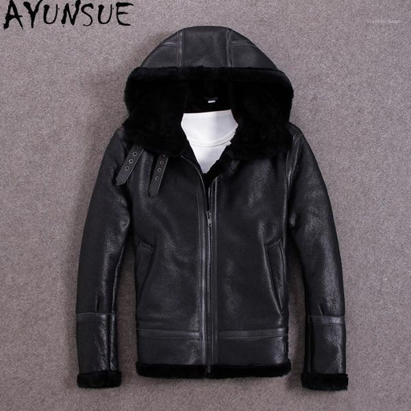 

men's leather & faux ayunsue winter genuine jacket men real fur coat sheep shearling sheepskin hooded 2021 m-s-n-14 kj5094, Black