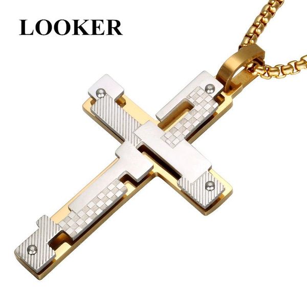 

pendant necklaces looker hollow double layer cross necklace gold color stainless steel personality for men prayer jewelry, Silver