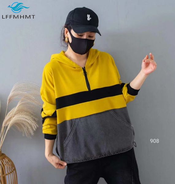 

2021 new spring fall women denim patchwork contrast color large size long sleeve hooded sweatshirt office lady casual pullover tzsq, Black