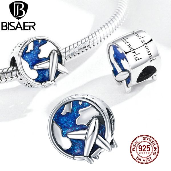 Bisaer Avião para Viagens Beads 925 Sterling Silver Blue Enamel Encantos Redondos Fit Bracelete Colar Pingente Jóias ECC1568 Q0531