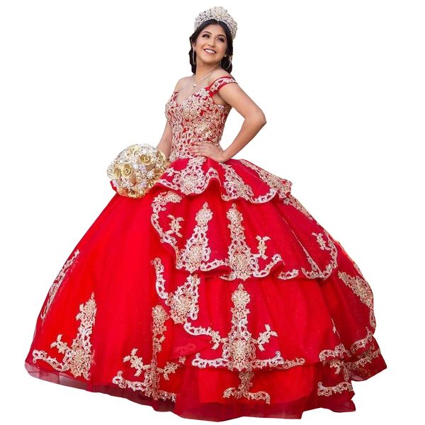 2022 Splendidi abiti da quinceanera taglie forti Prom Off The Shoulder Applique in pizzo dorato Ruffle Layers Abito da ballo in tulle Sweet 16 Dress