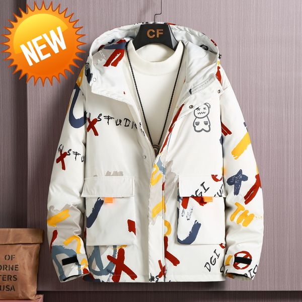 

-30 degree new hooded down jacket men thick warm 90% white duck short coats youth male graffiti cold-proof men's parkas top, Black