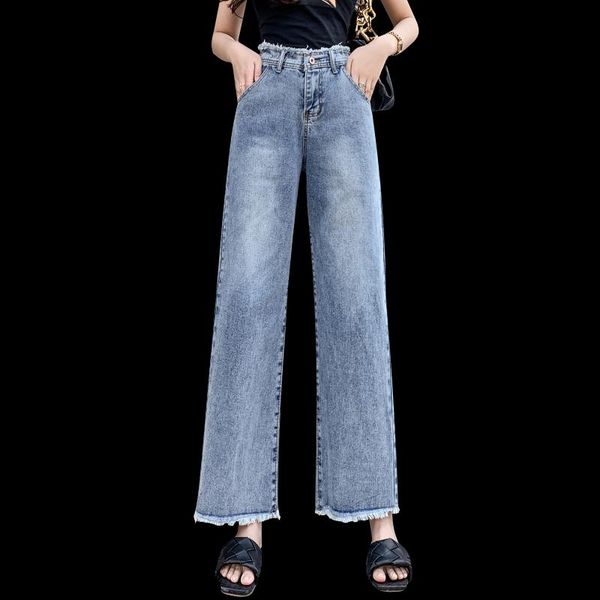 

women's jeans zoki high waist tassel women fashion spring korean ankle-length denim pants casual blue female wide leg 2021