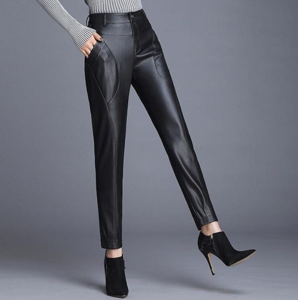 

women's pants & capris 27-34 2021 spring women fashion high waist nine points harem were thin and velvet pu feet trousers tide, Black;white