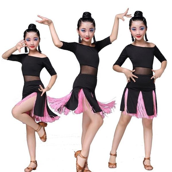 

stage wear latin dance competition ballroom tango skirts and dresses girls children costume for kids salsa sequin dress fringe kid child, Black;red