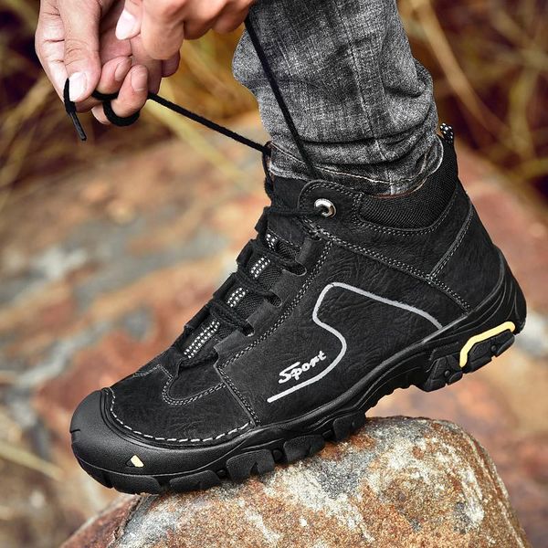 

boots men thick fur snow casual shoes handmade cow genuine leather ankle plush warm winter footwear, Black