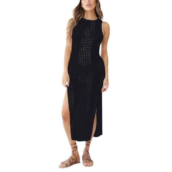 

casual dresses solid color knit dress women hollow out sleeveless split beach summer sundress, Black;gray