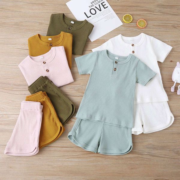 

strip new pit children's wear summer casual solid color short sleeve t-shirt and shorts suit for children, White