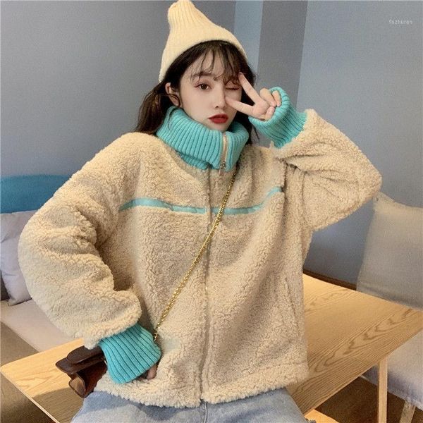 

women's down & parkas imitation lamb hair women warmer overcoats turtleneck zip-up lady winter thicker coats blue apricot, Black