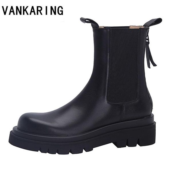 

boots brand designer autumn winter punk soft leather women ankle back zipper chunky heel platform runway warm shoes, Black