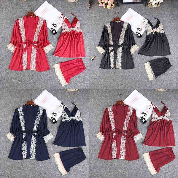 

custom stitched imitation silk pajamas nightgown set summer women's home clothes 211202, Black;white