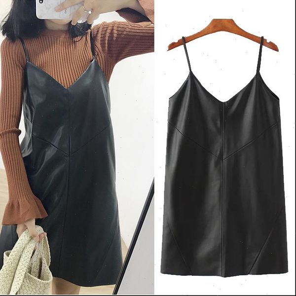 

swyivy new womens leather dress casual 2021 new v neck pu leather dresses black female over ankle shorts dress, Black;gray