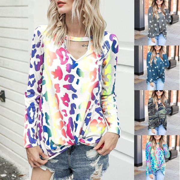 

casual t-shirt women tie-dye multicolor luipaard print summer ladies streetwear mujer v-neck hollow out short mouw tea #4, White