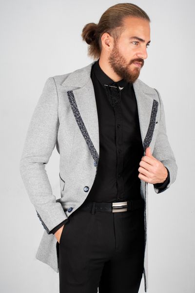 

gray men 's luxury sports stamp overcoat tight-fitting mould shawl collar warm autumn winter italian style long coat 3c9w, Black;brown