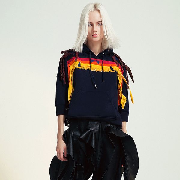 

patchwork print geometric sweatshirt for women hooded collar long sleeve hit color casual streetwear female, Black