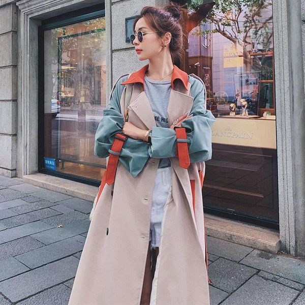 

women's trench coats fashion long double-breasted windbreaker with belt, lady duster suit collar jacket, cape jacket, Tan;black