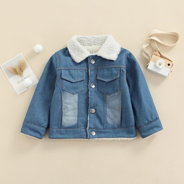 

jackets focusnorm 0-5y autumn winter baby girls boys denim jacket solid fur plush long sleeve single breasted coats, Blue;gray
