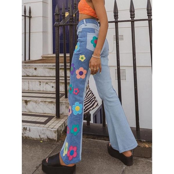 

women's jeans combhasaki women y2k high street waist floral embroidery color block flare denim long pants with pockets, Blue
