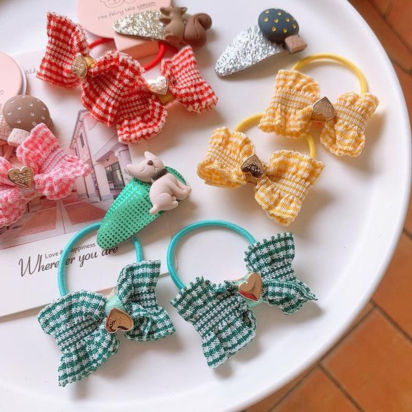 

hair accessories girls fabric lattice bowknot ties baby cartoon animal mushroom bb clip rubber band for children fashion, Slivery;white
