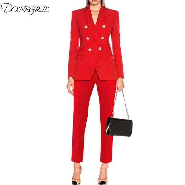 Kadınlar Suits Blazers EST 2021 Tasarımcı Kariyer Takımını bayanlar için set şal yakalı aslan düğmeleri çift göğüslü blazer pantolon