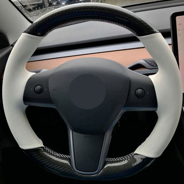 El-Dikişli Araba Direksiyon Kapağı Süet İnek Deri Volant Örgü Tesla Model 3 2017 2018 2019 Için Direksiyon