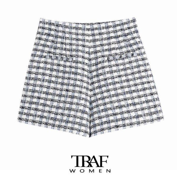 

traf za women chic fashion tweed bermuda shorts vintage high waist side zipper female short pants mujer g1220, White;black