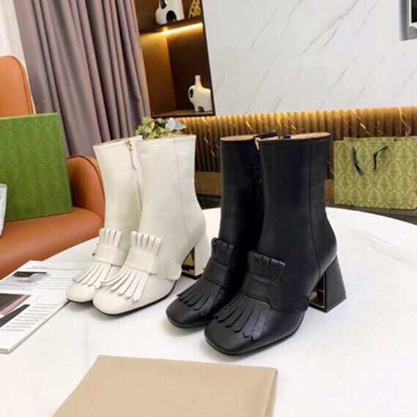 

fashion women designer boots square toe side zipper .5cm chunky heels real leather metal buckle martin booties white black size 35337804