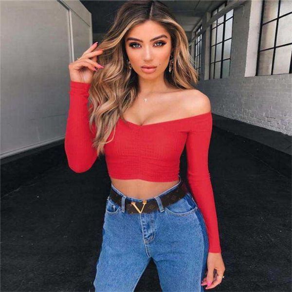 

shine u women summer casual off shoulder tank vest blouse long sleeve crop cami lady short solid shirt youth, White