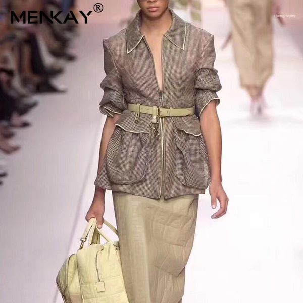 

[menkay] mesh jacket female turn-down collar long sleeve loose belt women's coat fashion 2021 summer streetwear1, Black;brown