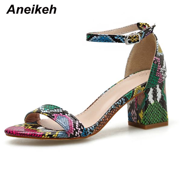 

aneikeh new 2021 fashion colour serpentine women shoes peep toe 6cm high heels sandals summer party pu ankle buckle pumps 35-42 210306, Black