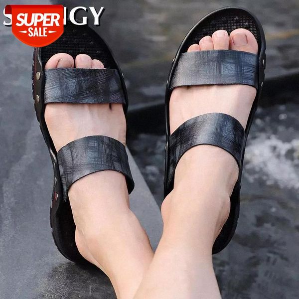 

summer sandals men flat outdoor beach open toe soft mixed color male massage rubber men slippers pu leather big size 38-48 #ls58, Black